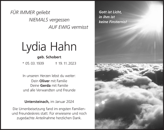Anzeige von Lydia Hahn von MGO