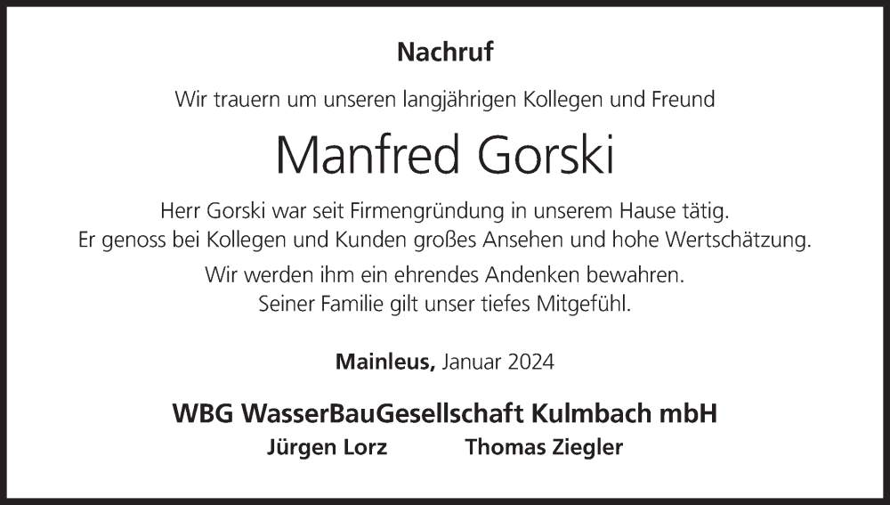  Traueranzeige für Manfred Gorski vom 27.01.2024 aus MGO