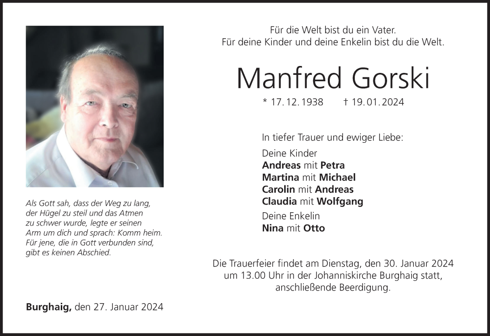  Traueranzeige für Manfred Gorski vom 27.01.2024 aus MGO