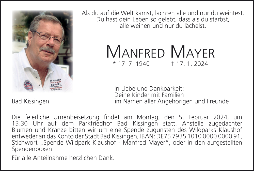  Traueranzeige für Manfred Mayer vom 27.01.2024 aus MGO