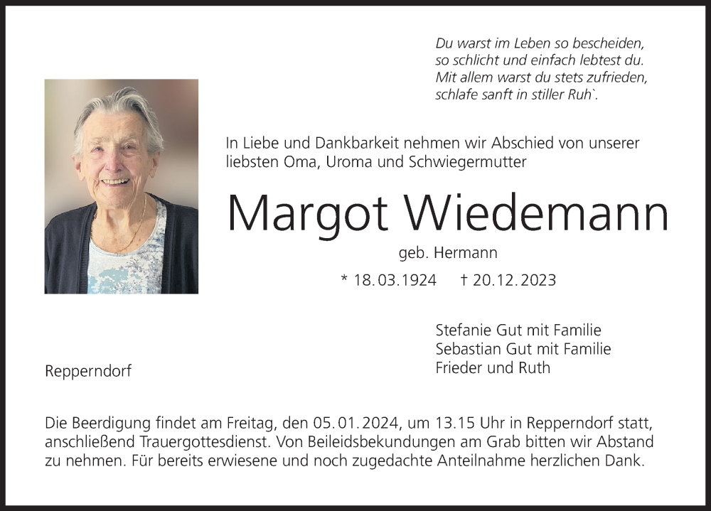  Traueranzeige für Margot Wiedemann vom 02.01.2024 aus MGO