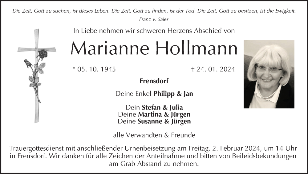 Traueranzeige für Marianne Hollmann vom 27.01.2024 aus MGO