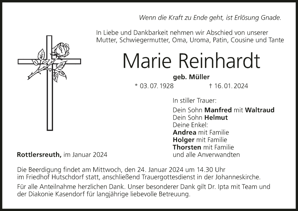  Traueranzeige für Marie Reinhardt vom 20.01.2024 aus MGO