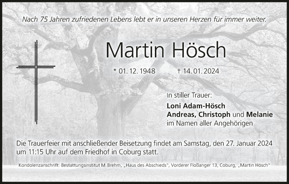  Traueranzeige für Martin Hösch vom 20.01.2024 aus MGO