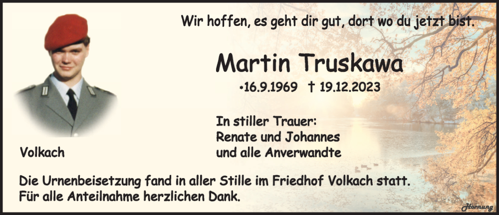  Traueranzeige für Martin Truskawa vom 12.01.2024 aus MGO