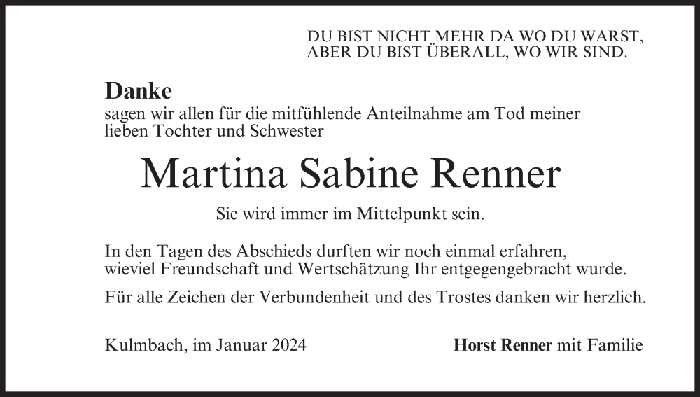  Traueranzeige für Martina Sabine Renner vom 20.01.2024 aus MGO