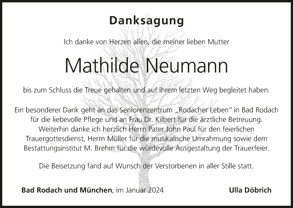  Traueranzeige für Mathilde Neumann vom 27.01.2024 aus MGO