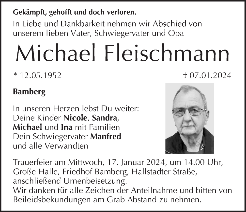  Traueranzeige für Michael Fleischmann vom 13.01.2024 aus MGO