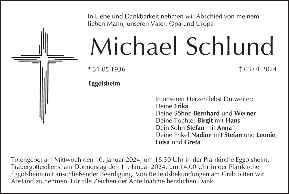  Traueranzeige für Michael Schlund vom 08.01.2024 aus MGO