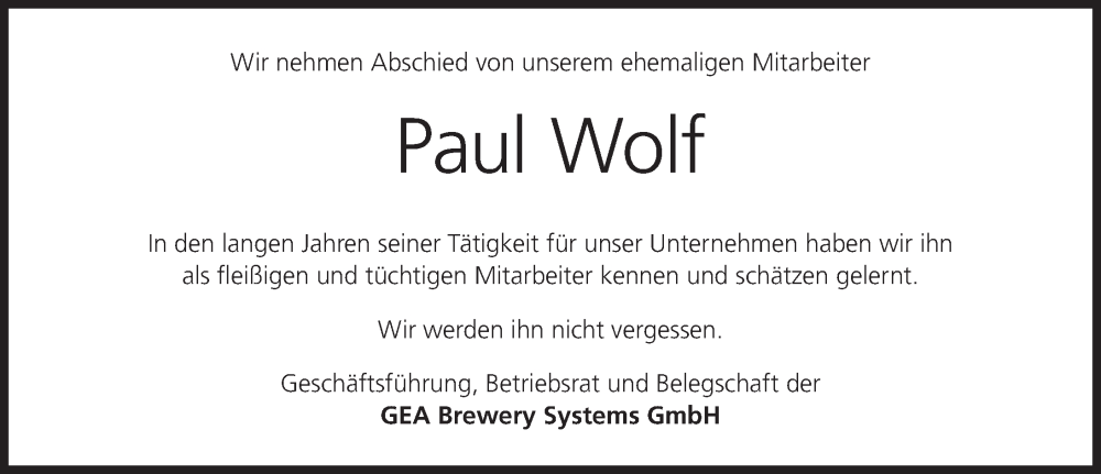  Traueranzeige für Paul Wolf vom 04.01.2024 aus MGO