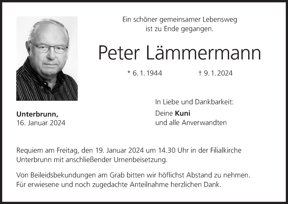  Traueranzeige für Peter Lämmermann vom 16.01.2024 aus MGO
