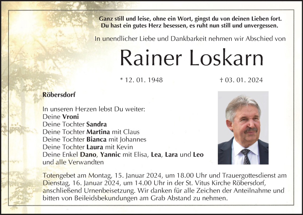  Traueranzeige für Rainer Loskarn vom 13.01.2024 aus MGO