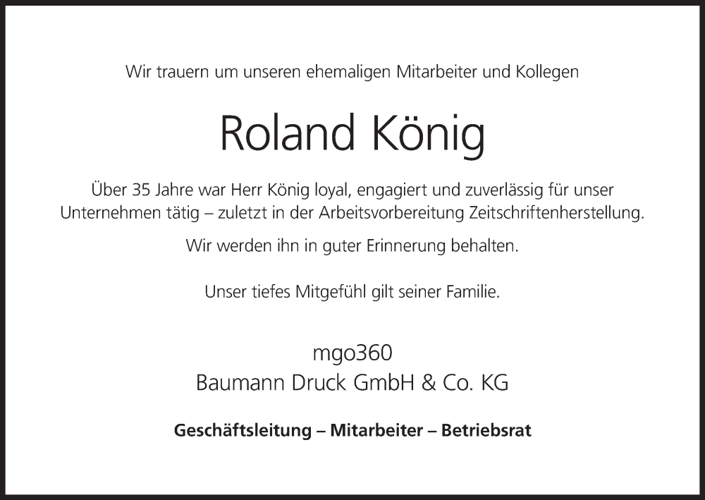  Traueranzeige für Roland König vom 17.01.2024 aus MGO