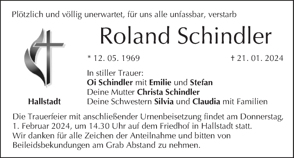  Traueranzeige für Roland Schindler vom 27.01.2024 aus MGO