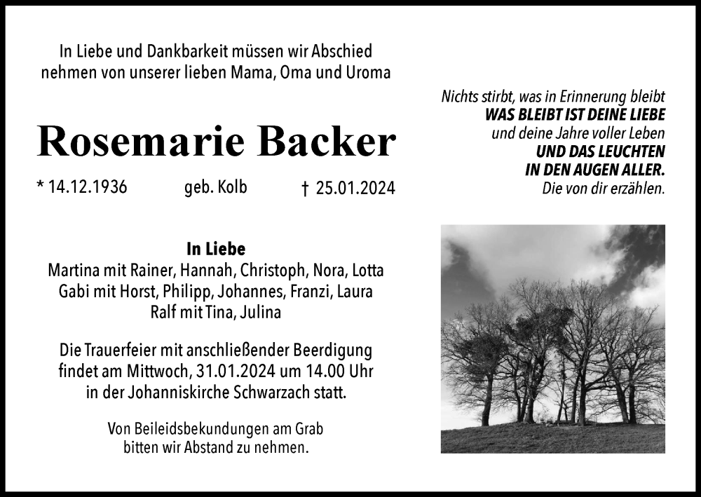  Traueranzeige für Rosemarie Backer vom 30.01.2024 aus MGO