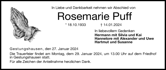 Anzeige von Rosemarie Puff von MGO