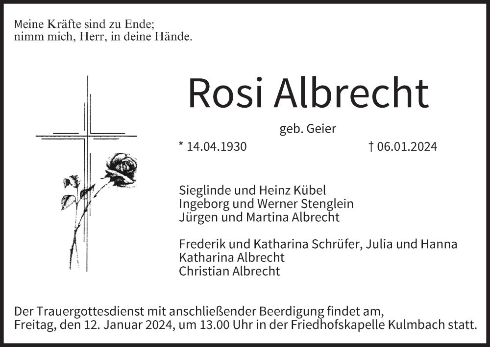  Traueranzeige für Rosi Albrecht vom 10.01.2024 aus MGO