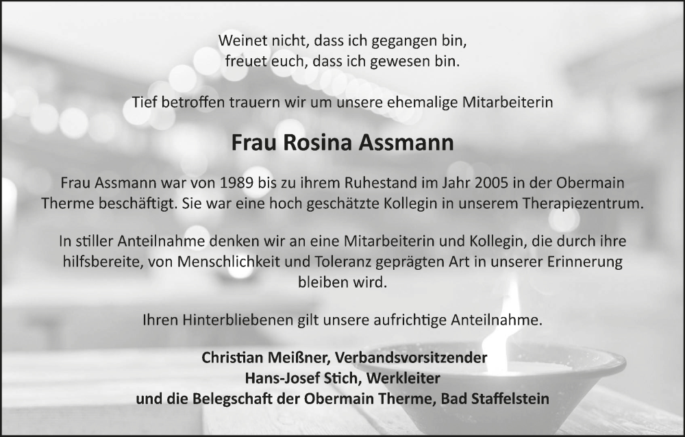  Traueranzeige für Rosina Assmann vom 27.01.2024 aus MGO