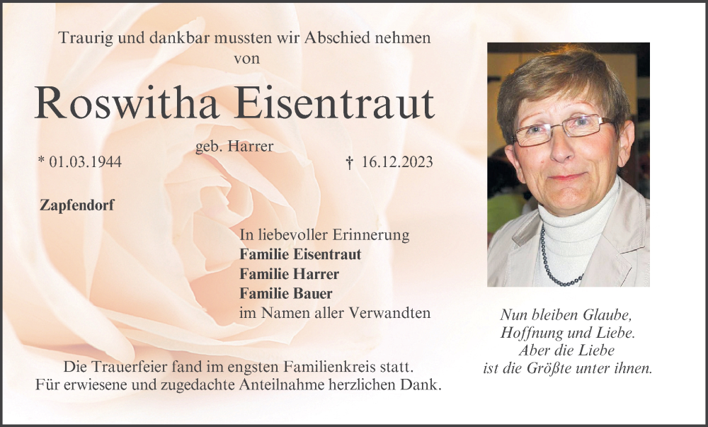  Traueranzeige für Roswitha Eisentraut vom 27.01.2024 aus MGO