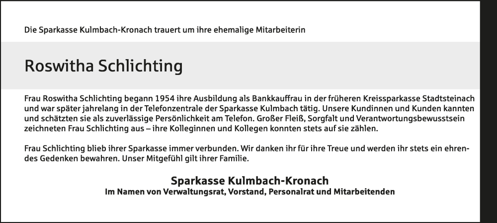  Traueranzeige für Roswitha Schlichting vom 30.01.2024 aus MGO