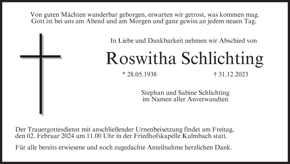  Traueranzeige für Roswitha Schlichting vom 27.01.2024 aus MGO