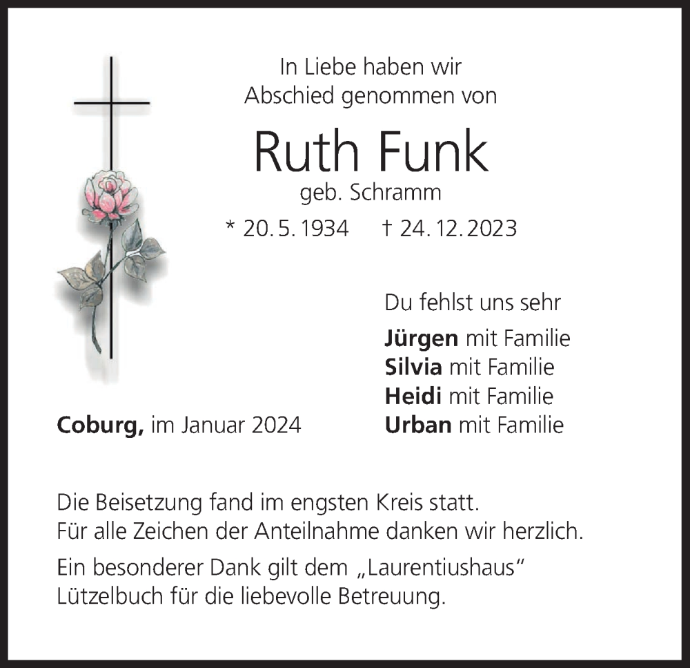  Traueranzeige für Ruth Funk vom 05.01.2024 aus MGO