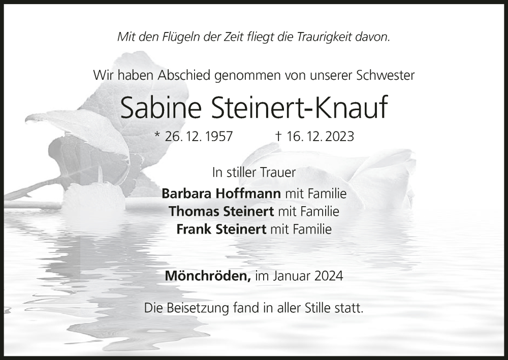  Traueranzeige für Sabine Steinert-Knauf vom 13.01.2024 aus MGO
