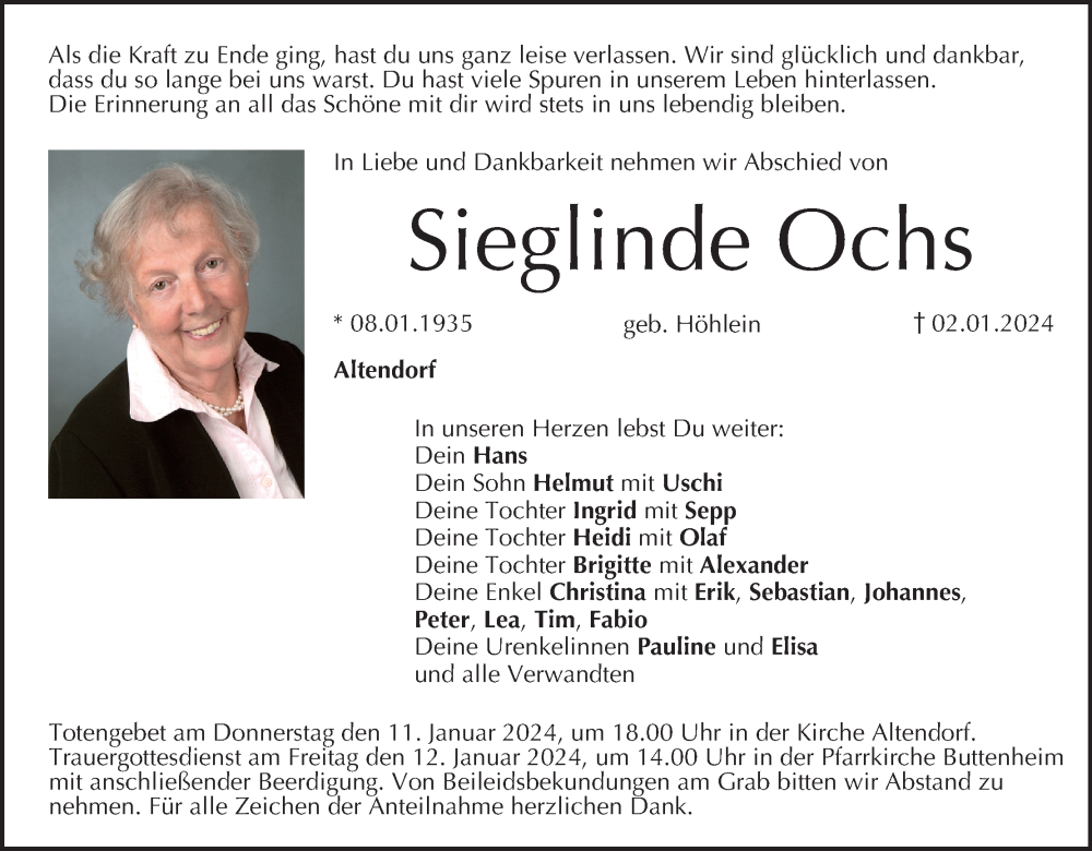  Traueranzeige für Sieglinde Ochs vom 05.01.2024 aus MGO
