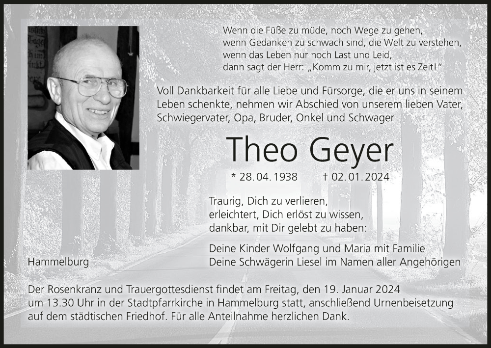  Traueranzeige für Theo Geyer vom 13.01.2024 aus MGO