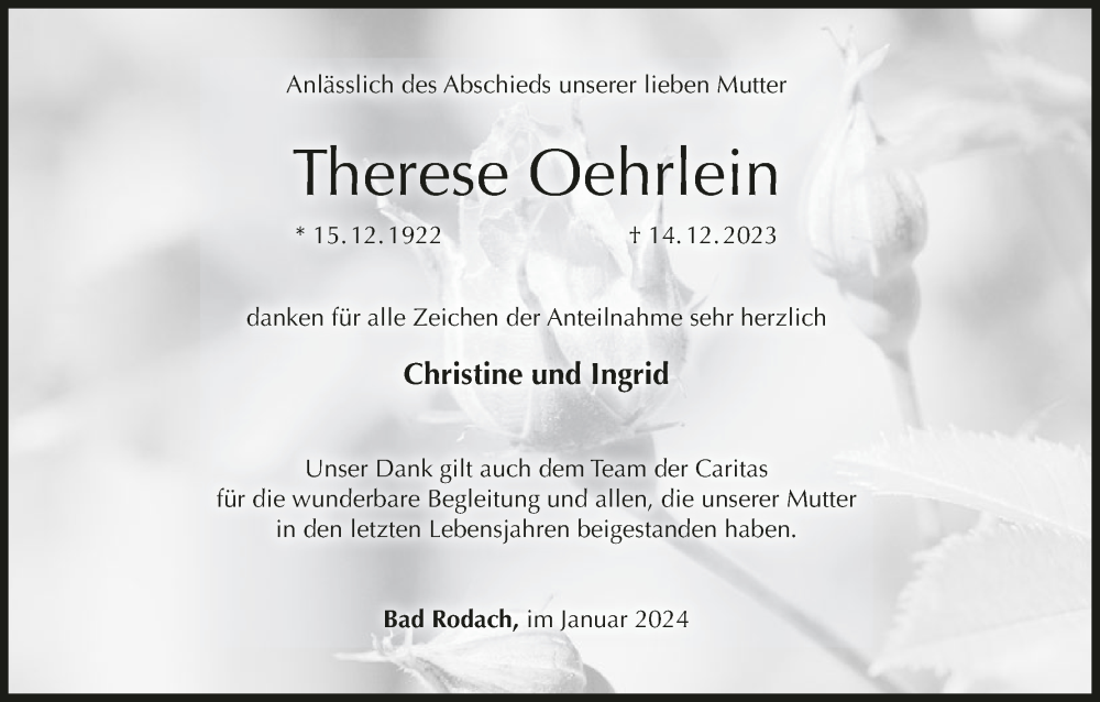  Traueranzeige für Therese Oehrlein vom 05.01.2024 aus MGO