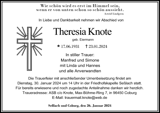 Anzeige von Theresia Knote von MGO