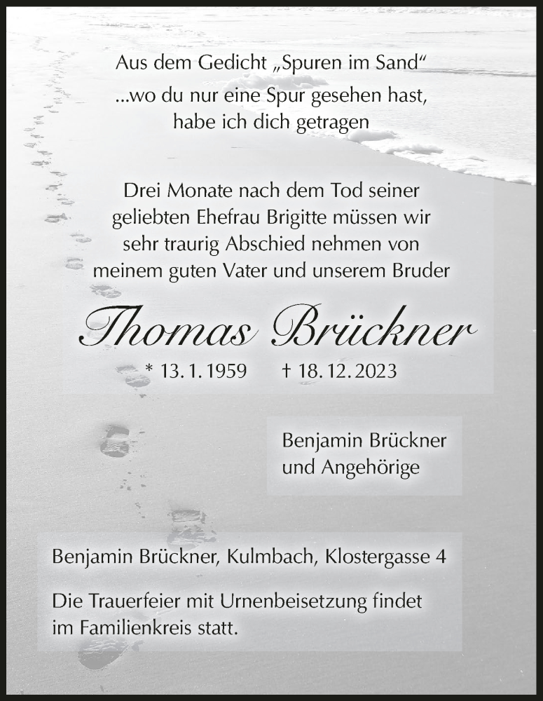  Traueranzeige für Thomas Brückner vom 13.01.2024 aus MGO