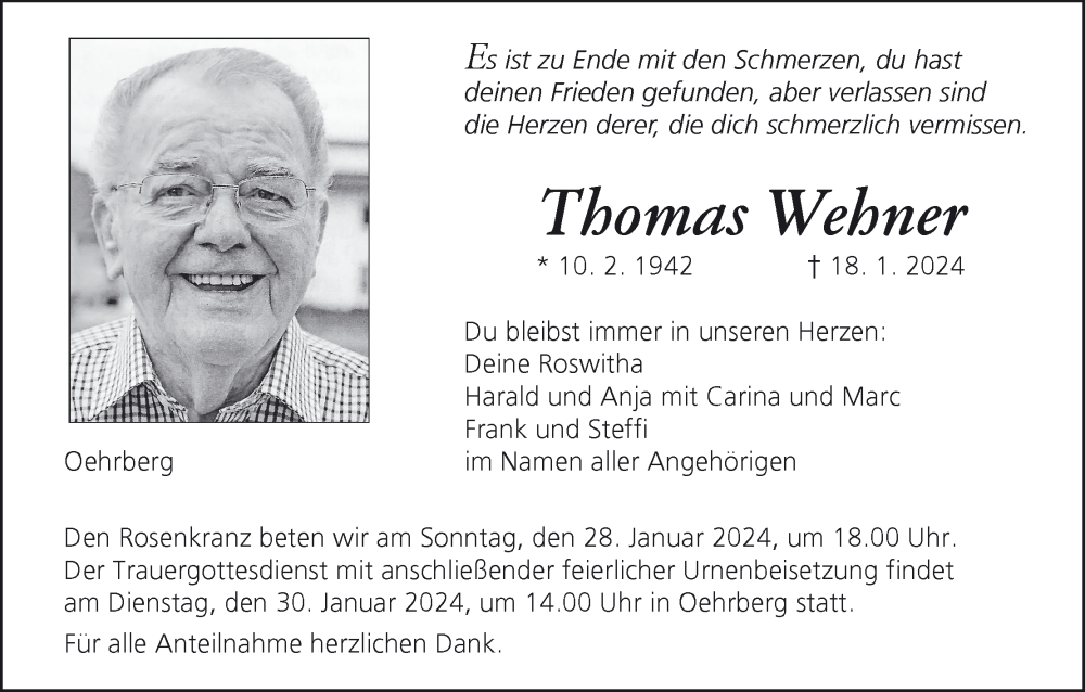  Traueranzeige für Thomas Wehner vom 20.01.2024 aus MGO