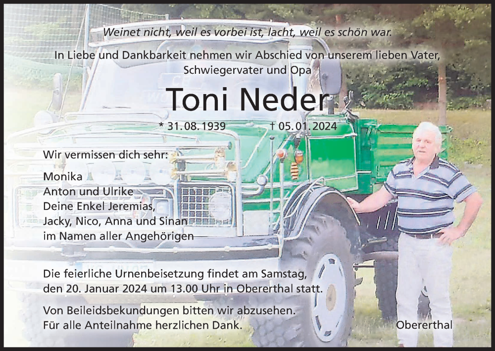  Traueranzeige für Toni Neder vom 13.01.2024 aus MGO