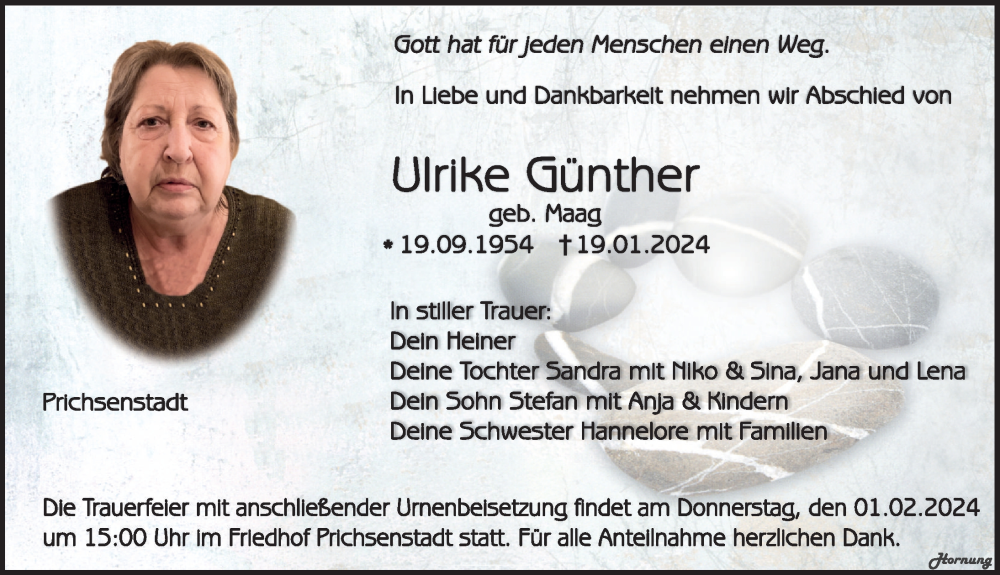  Traueranzeige für Ulrike Günther vom 29.01.2024 aus MGO