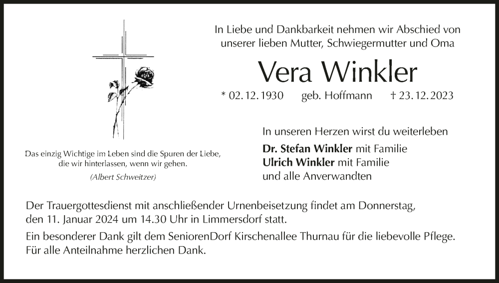  Traueranzeige für Vera Winkler vom 08.01.2024 aus MGO