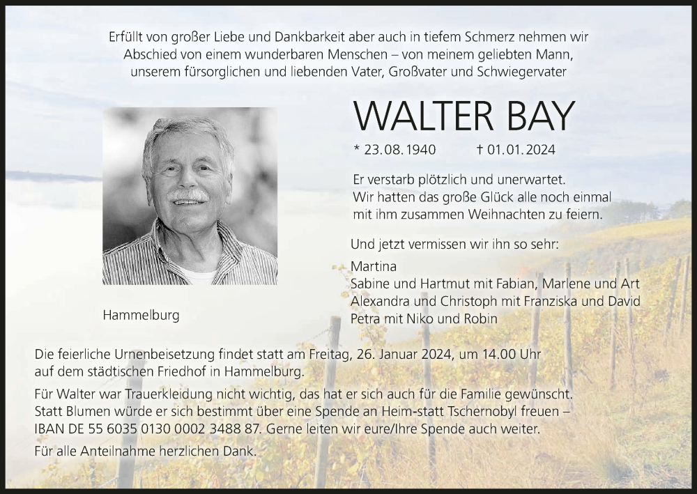  Traueranzeige für Walter Bay vom 13.01.2024 aus MGO