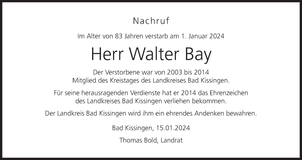  Traueranzeige für Walter Bay vom 16.01.2024 aus MGO