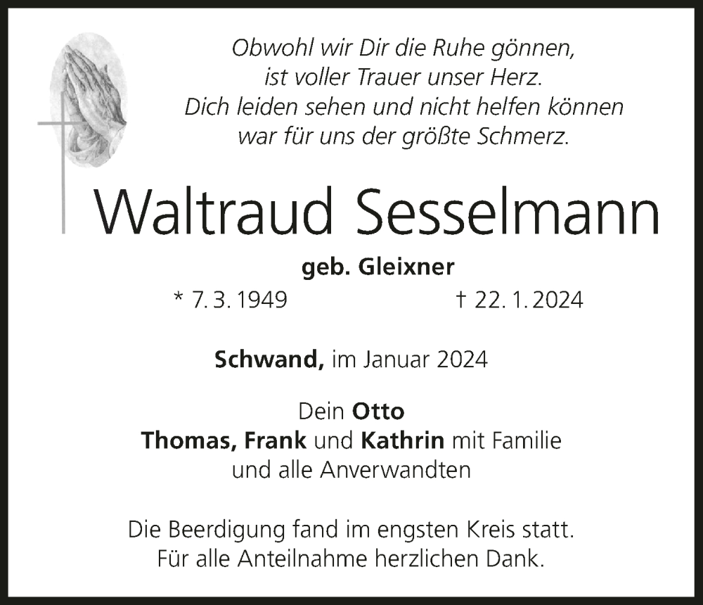  Traueranzeige für Waltraud Sesselmann vom 27.01.2024 aus MGO
