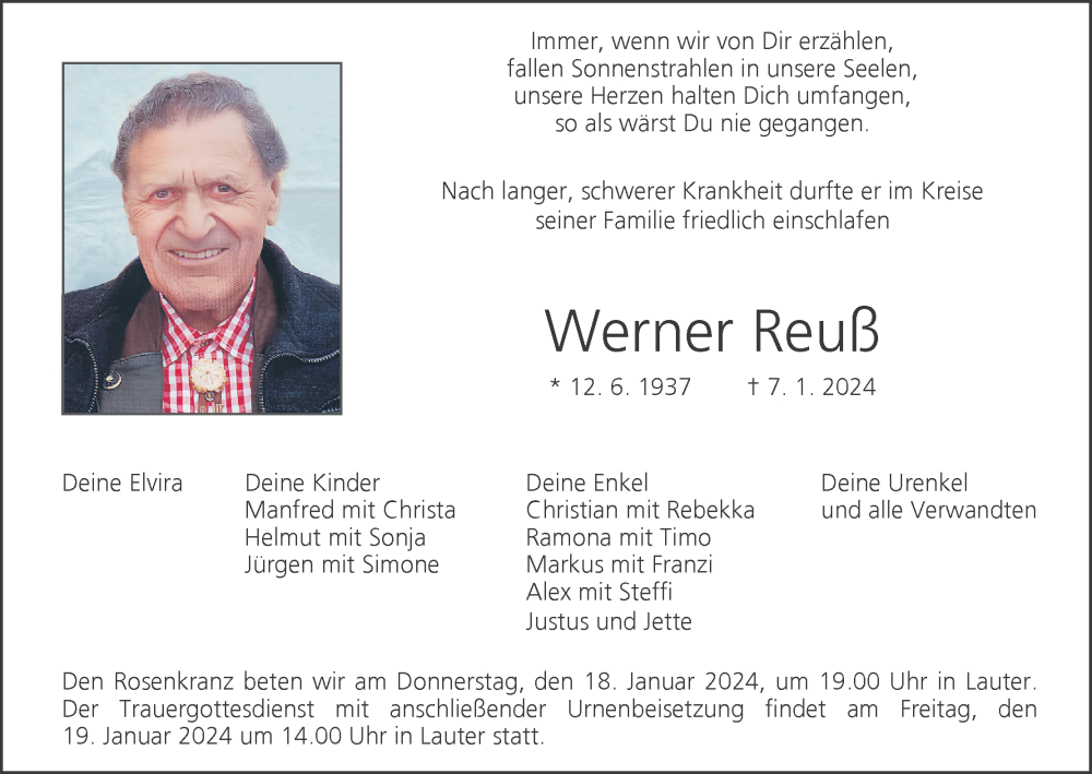  Traueranzeige für Werner Reuß vom 13.01.2024 aus MGO