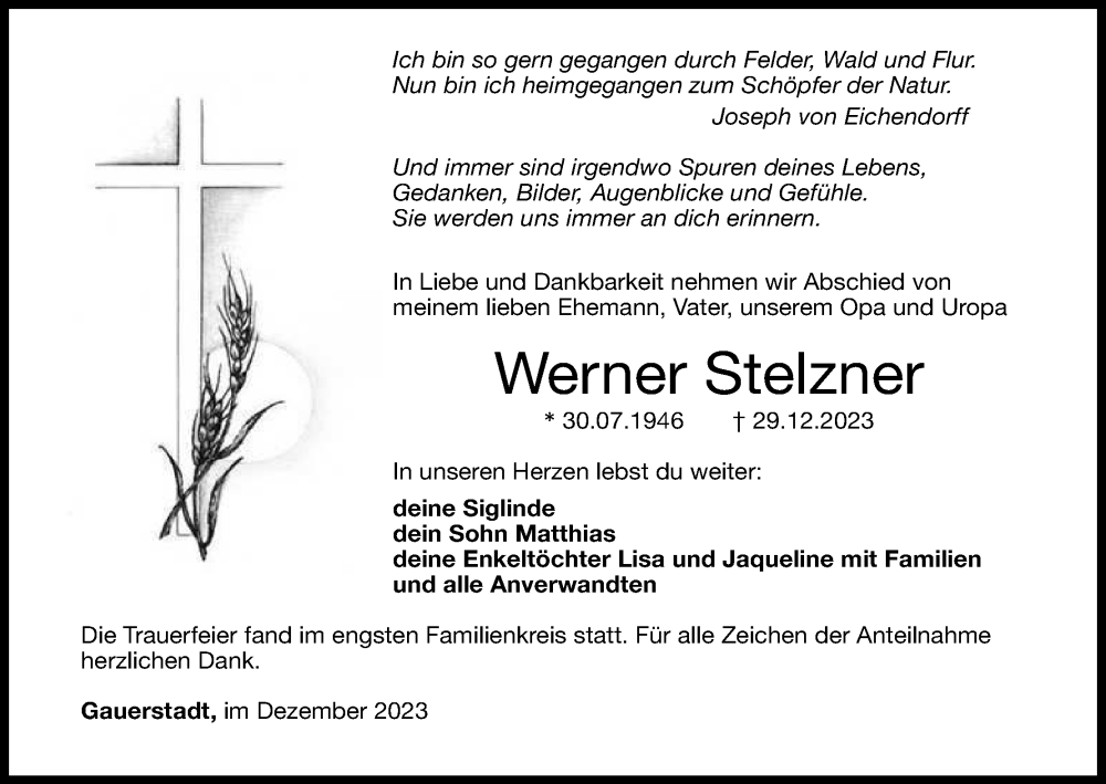  Traueranzeige für Werner Stelzner vom 13.01.2024 aus MGO