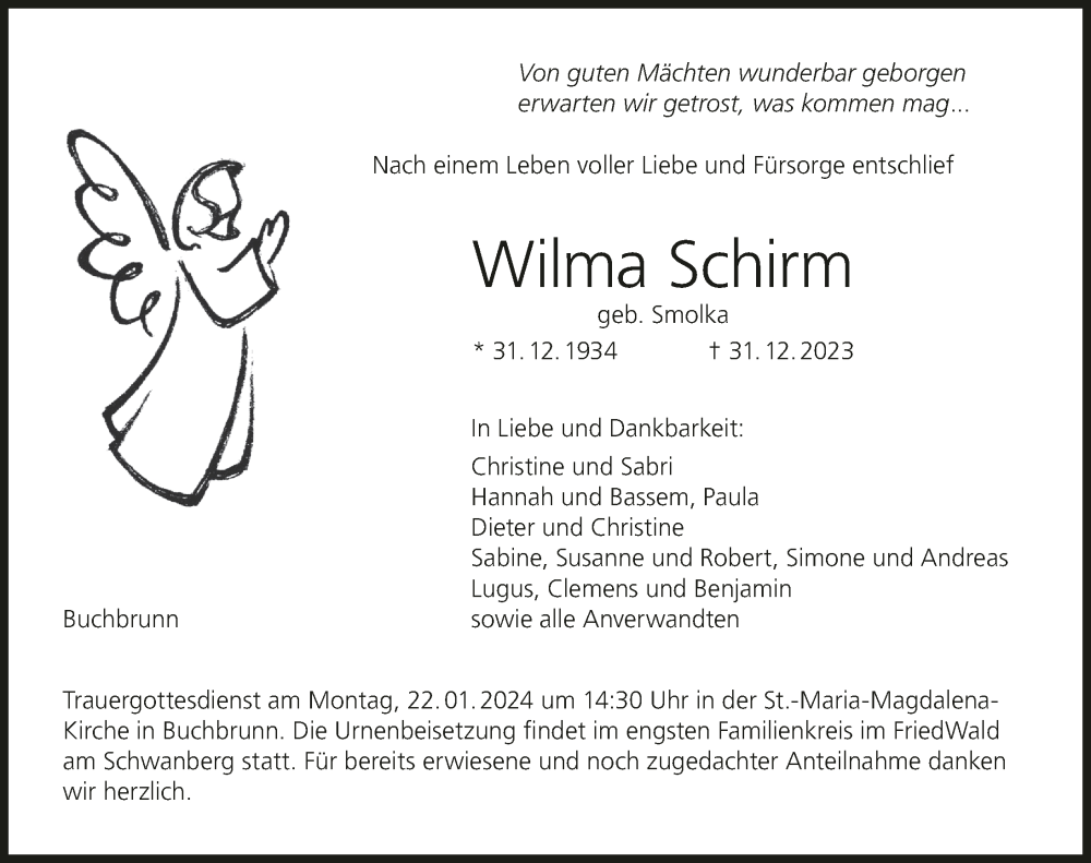  Traueranzeige für Wilma Schirm vom 20.01.2024 aus MGO