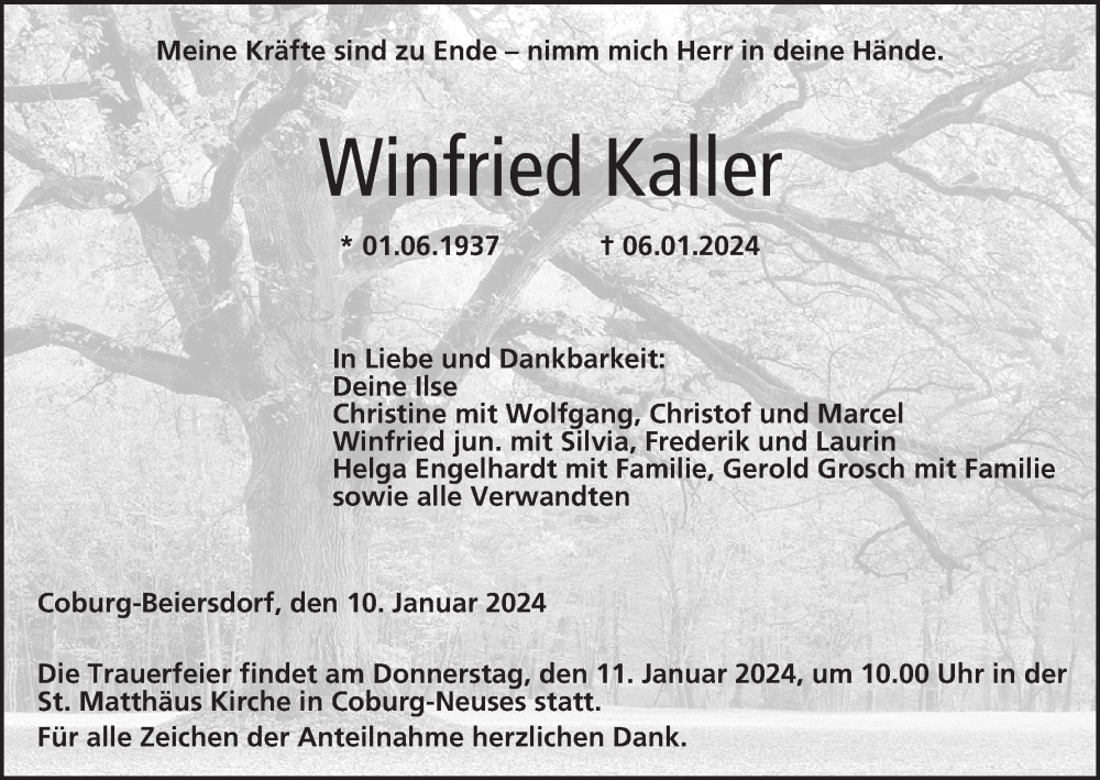  Traueranzeige für Winfried Kaller vom 10.01.2024 aus MGO