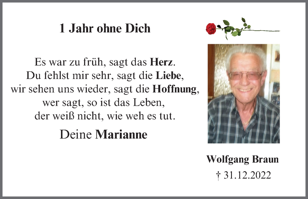  Traueranzeige für Wolfgang Braun vom 05.01.2024 aus MGO
