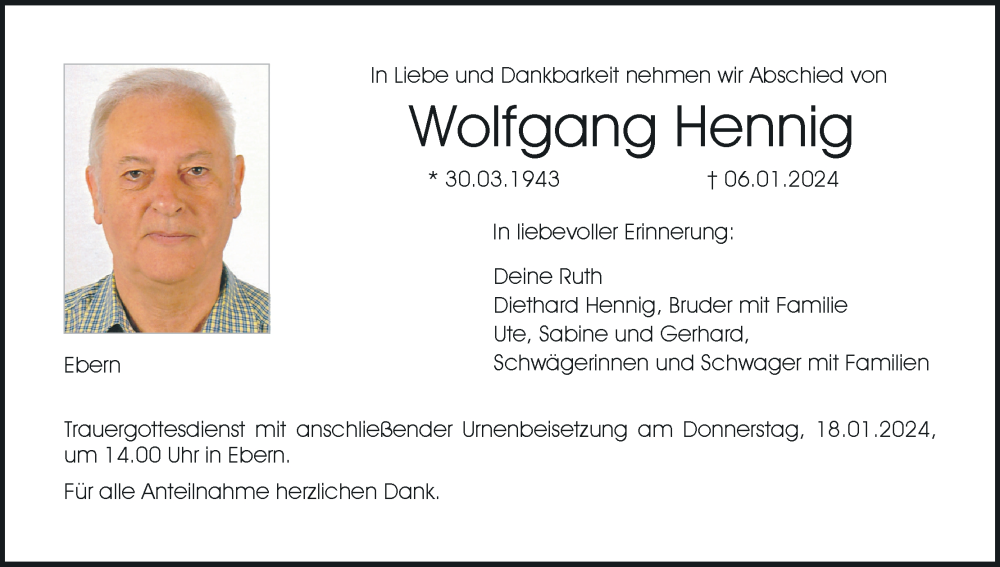  Traueranzeige für Wolfgang Hennig vom 13.01.2024 aus MGO