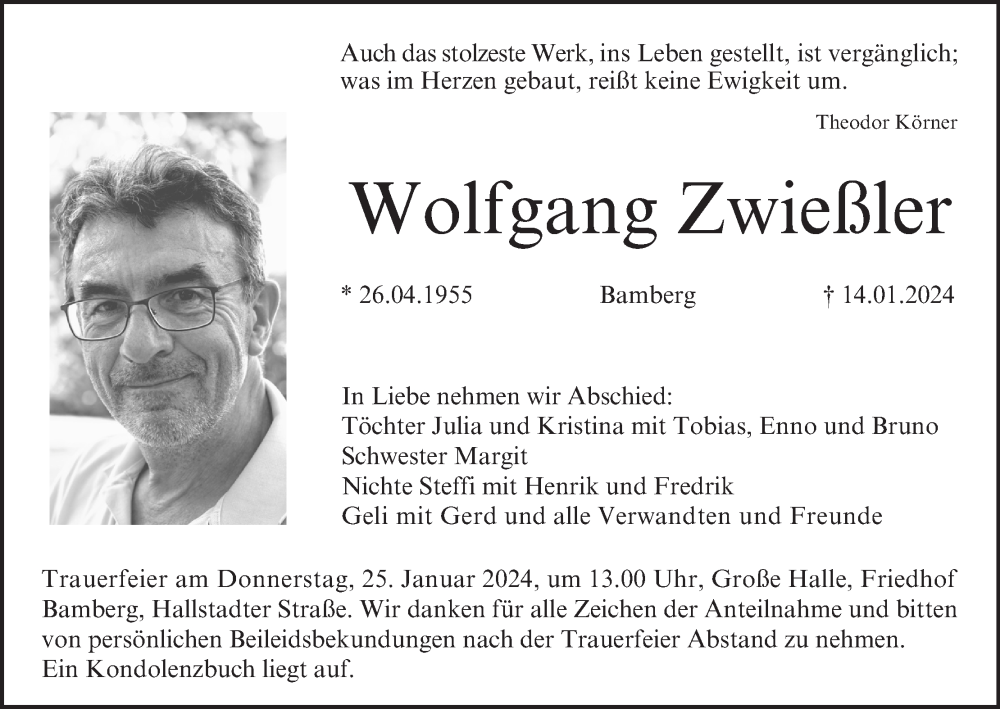  Traueranzeige für Wolfgang Zwießler vom 20.01.2024 aus MGO