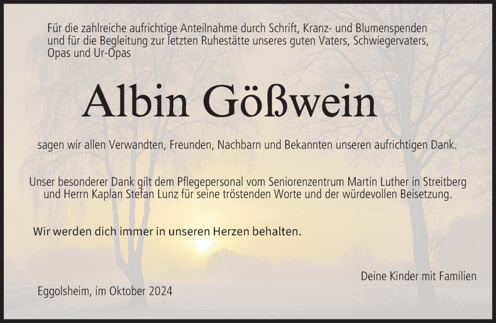  Traueranzeige für Albin Gößwein vom 19.10.2024 aus MGO