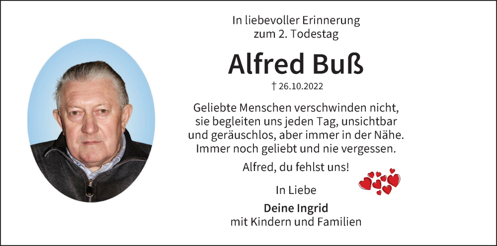  Traueranzeige für Alfred Buß vom 26.10.2024 aus MGO