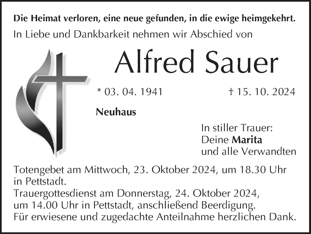  Traueranzeige für Alfred Sauer vom 19.10.2024 aus MGO