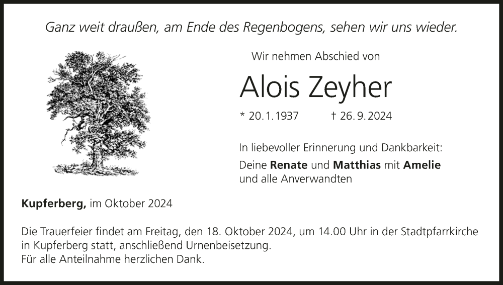  Traueranzeige für Alois Zeyher vom 12.10.2024 aus MGO
